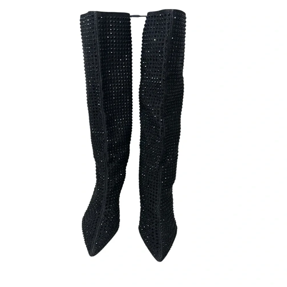 Zara Black Pointed Toe Rhinestone heeled knee high boo Size 39